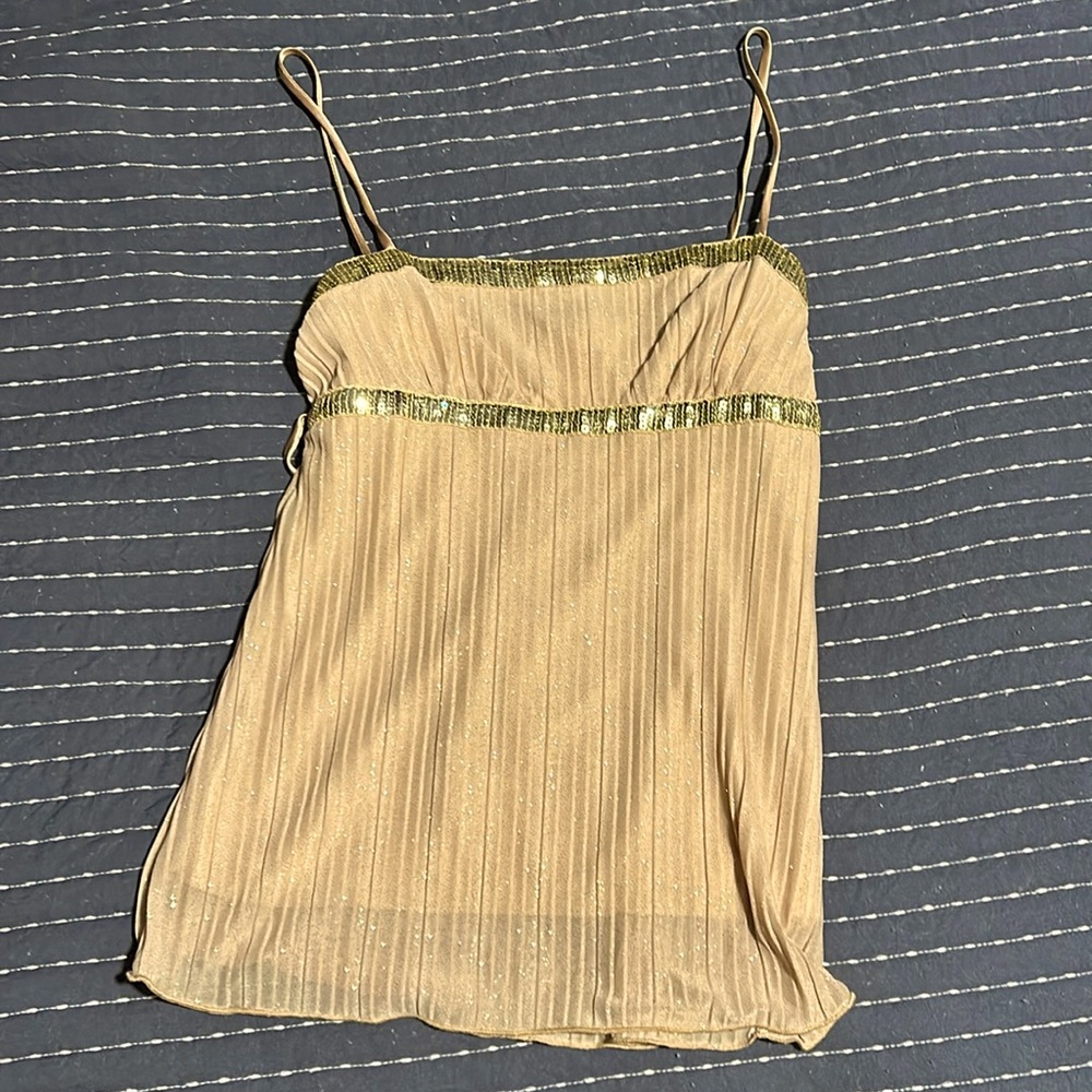 Light gold shimmery tank with sequins. Lined.  Made in USA.